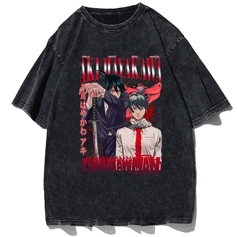 

Футболка оверсайз Chainsaw Man Aki Hayakawa с принтом Blood Splash Acid Wash, черная, летняя, 2026, уличная одежда, аниме-графика, для мужчин и женщин