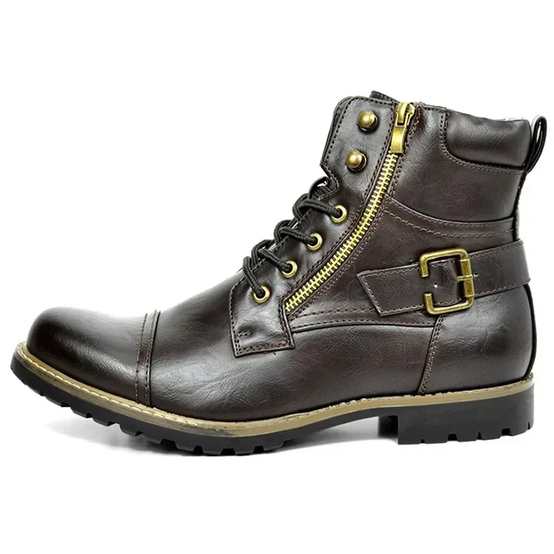 Botas de metal com zíper duplo para homens, Botas de couro militar, Bota de motocicleta retro homem