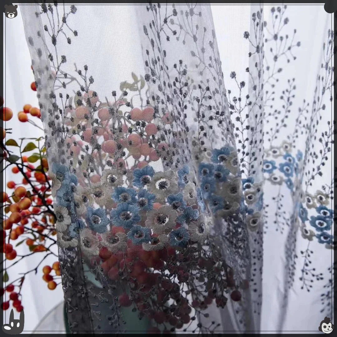New Chinese Retro Style Color Matching Small Flower Gauze Curtain 1PC Classic Gray Color Matching Embroidery Curtain Living Room