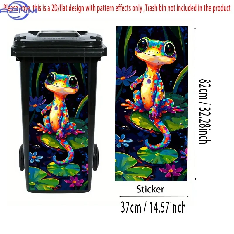 1pc 2D FLAT Colorful Lizard on Lily Pad Self-Adhesive Dustbin Stickers, PVC Trash Can Decorative Stickers, Wheelie Bin Sticker