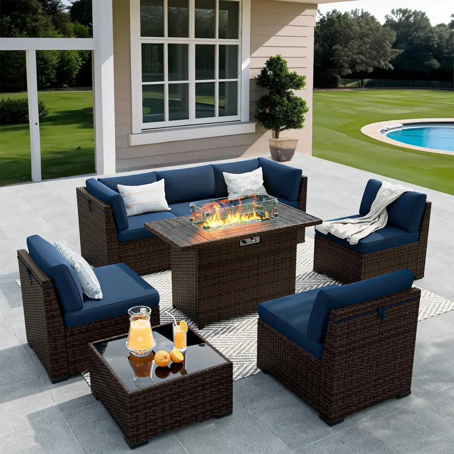 

8pcs Outdoor Patio Furniture Set w/44" Fire Pit Table,Rattan Sectional Conversation Sets w/Gas Fire Pit, 2 Waterproof Covers