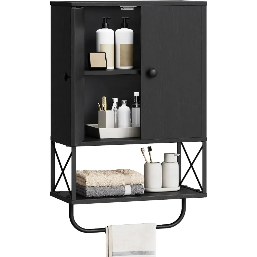 

Bathroom Wall Cabinet with 2 Door and Adjustable Shelf, Farmhouse Medicine Cabinet with Towel Rack, 3-Tier Wall Mounted Storage