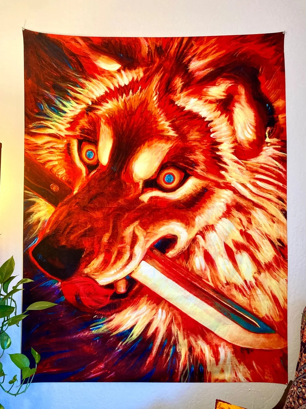 Tapiz de lobo con cuchillo, arte de pared de anime oscuro, decoración vanguardista para dormitorio, sala de estar, exhibición de estilo gótico