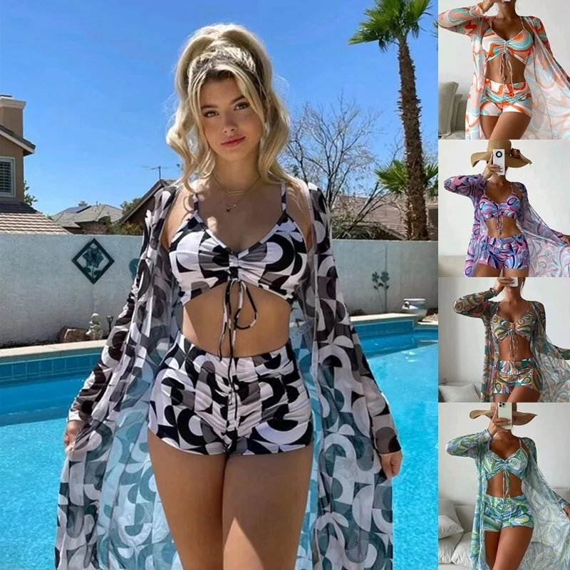 New 2024 Women's Bikini Three-Piece Set Digital Print Outer Wrap Flat Angle Pants Swimming Suit Elastic Bandage No Steel Support