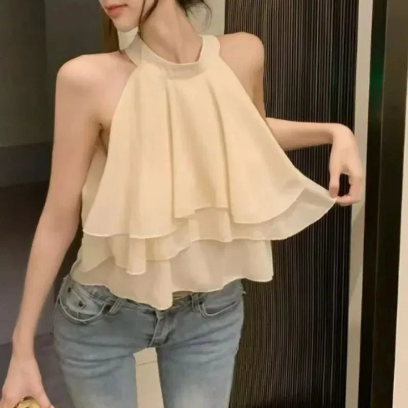 

Women's Summer Stylish Sexy Halter Sleeveless Blouse Sweet Chic Tierred Ruffle Short Chiffon Shirt Casual Solid Slim Fairy Tops