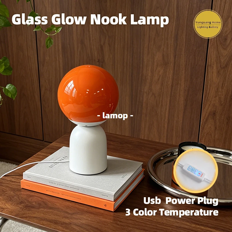 Murano Glass Gloss Full Globe Table Lamp Nordic Wood Tone Bedside Lamp 3 Color Soft Warm Light for Stack Book Desk Solid Wood