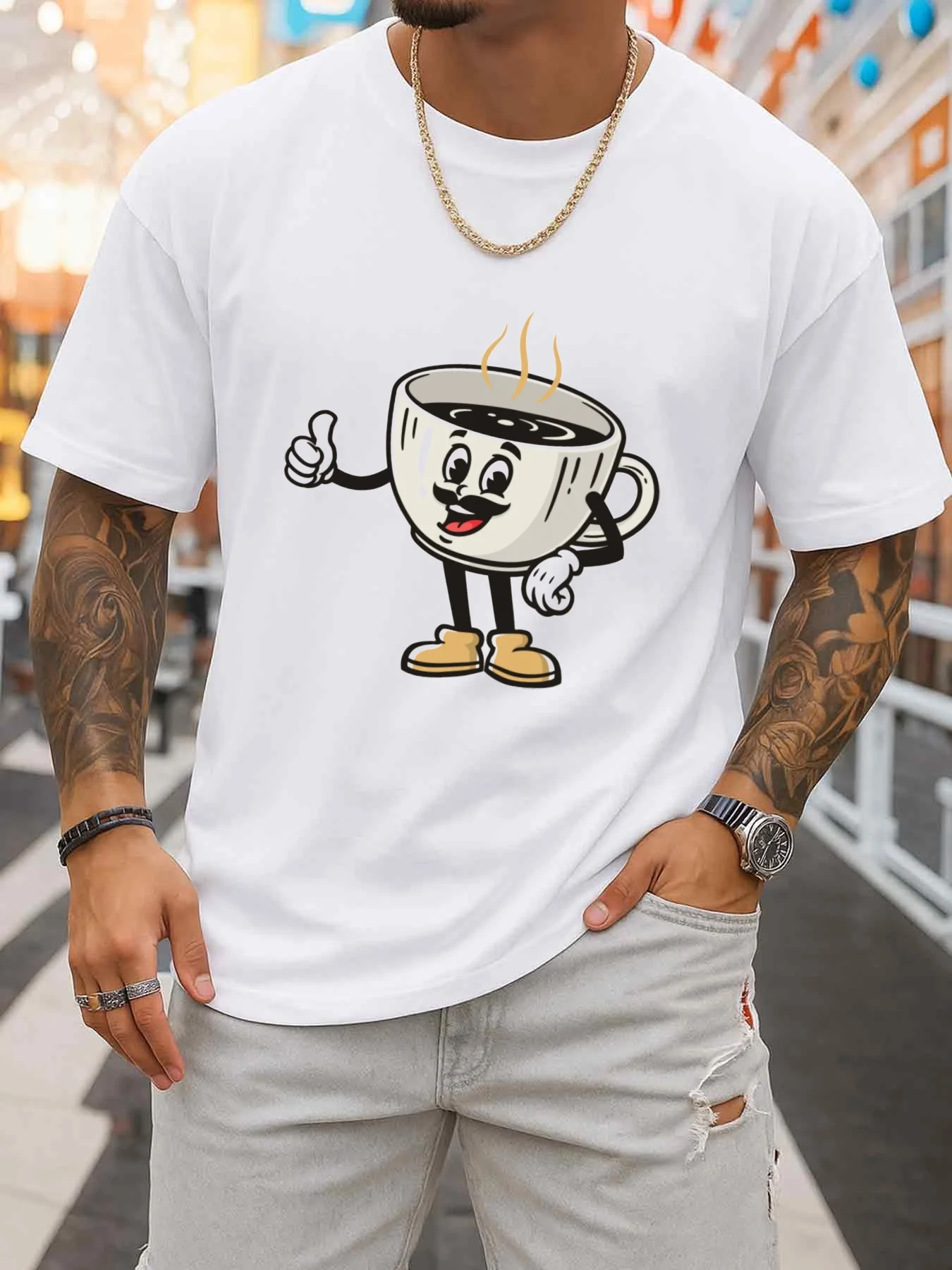 Men's Coffee Cup Print T-Shirt - Fun Like-Emoji and Coffee Pattern Short Sleeve Crew Neck Shirt, Breathable Soft Fabric Suitable for Casual Streetwear, Spring and Summer Outfits, Machine Washable Gift Apparel