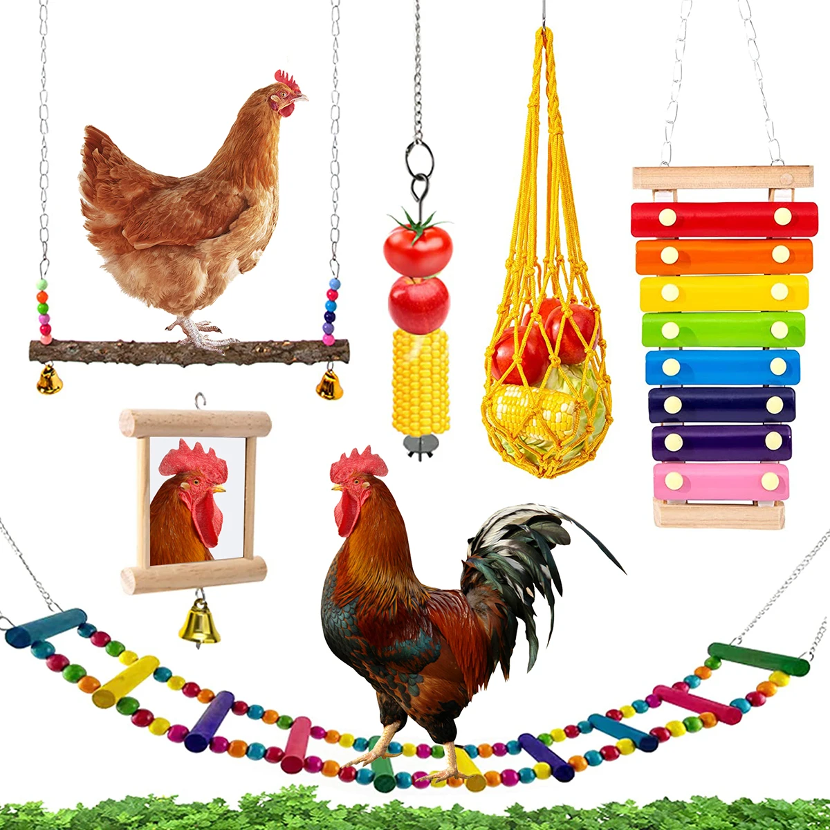 

6Pcs Chicken Toys Set Chewing Foraging Toys Parrot Playing Training Toys with Wooden Swing Fruit Vegetable Hanging Feeder