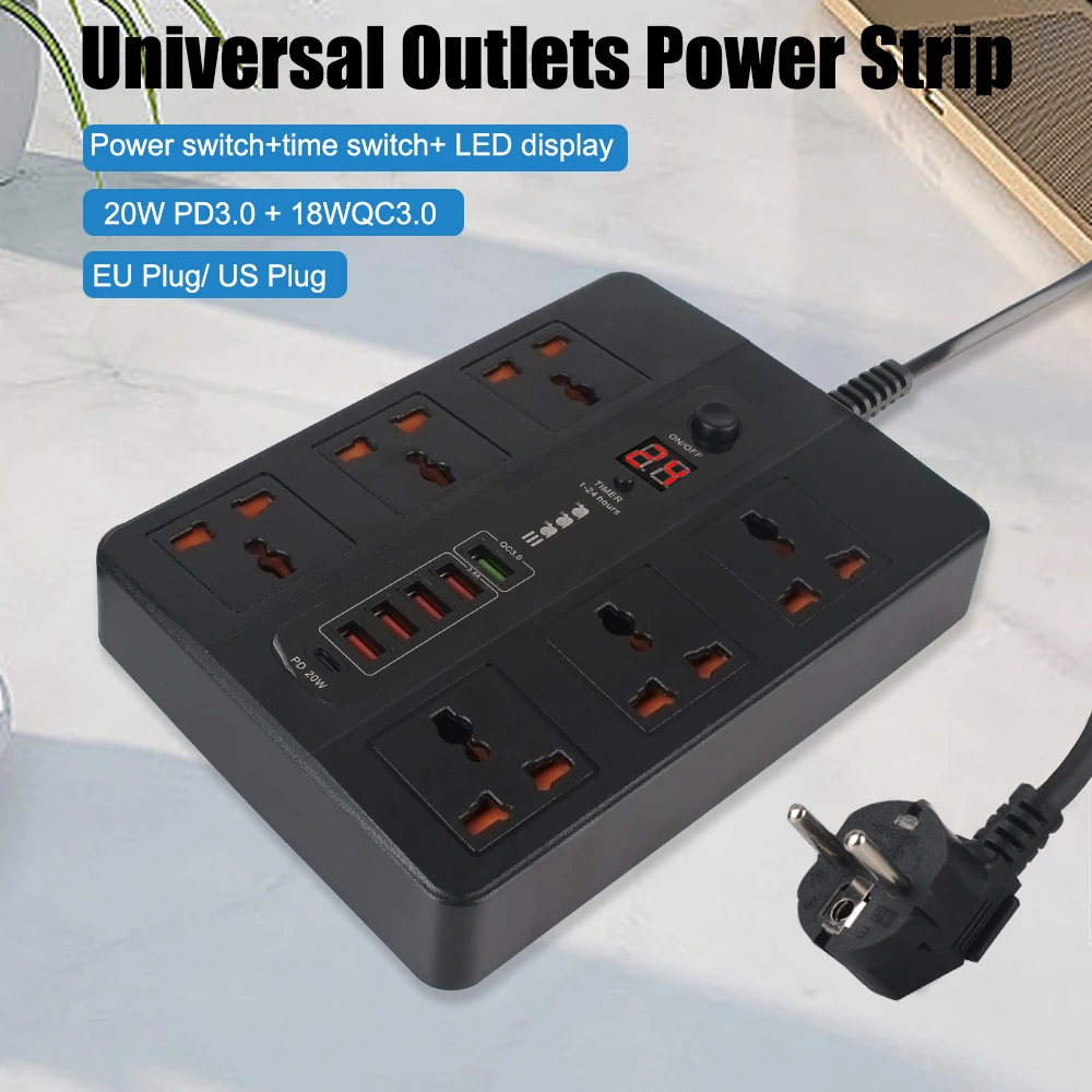 3000W Surge Protector EU/US Plug Extension Cable PD QC3.0 5V 3.4A USB Fast Charger Universal Outlets Power Strip 220V AC