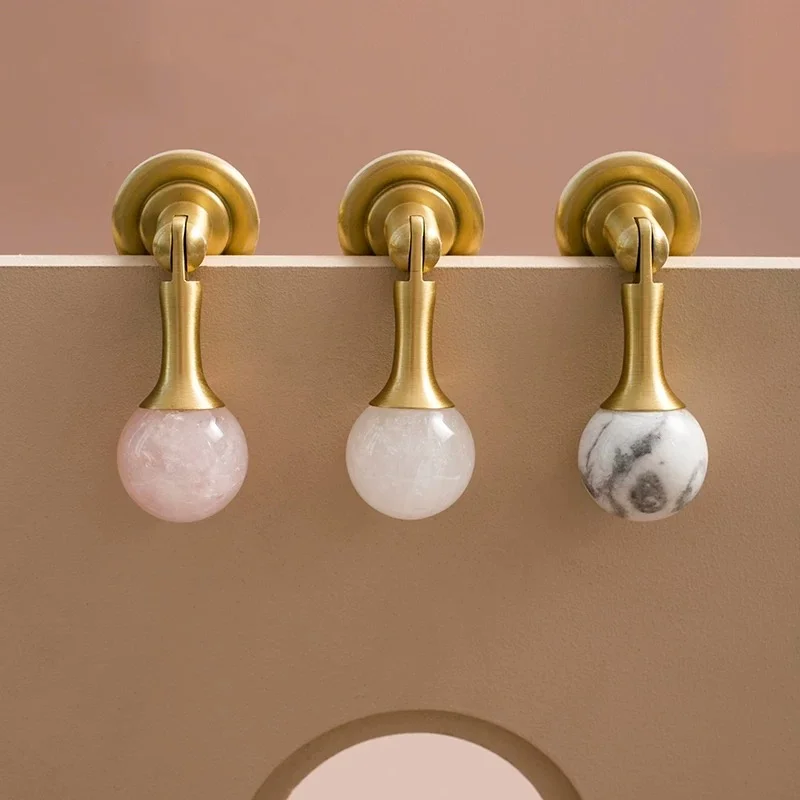 Brass Natural Crystal Stone Kitchen Accessories Cabinet Pulls Furniture Knobs Wardrobe Cupboard Drawer Knobs Colorful Handles