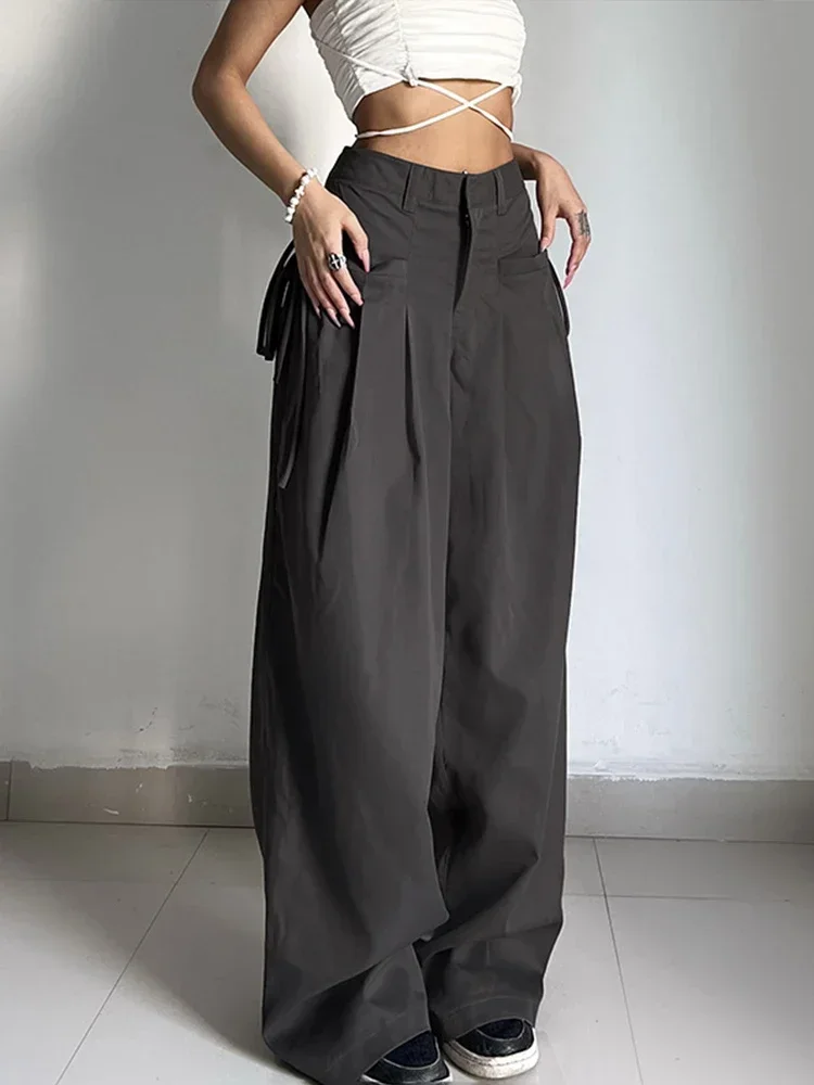 

2025 Women High Waist Shirring Casual Wide Leg Pants Street Basic Loose Sweat Trousers Korean Retro Gray Office Y2K Lady Pants