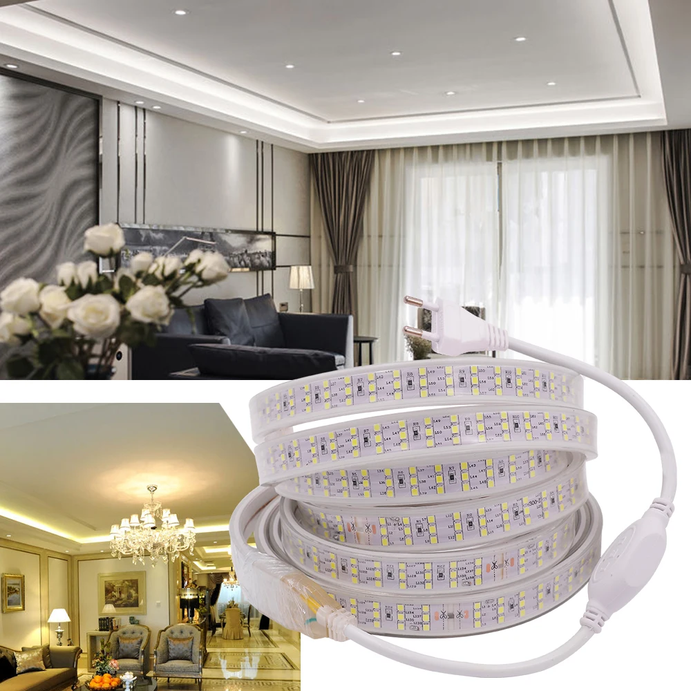 220V 276LEDs/m 2835 LED Strip Light Waterproof Flexible Lamp Super Bright White / Warm Leds Ribbon With Power Rope lights Decor