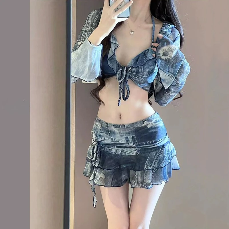 

sexy vintage denim print bikinis sets 4pcs blue ruffles tie swimsuit with long sleeve crop smock and ruffles mini skirt swimwear