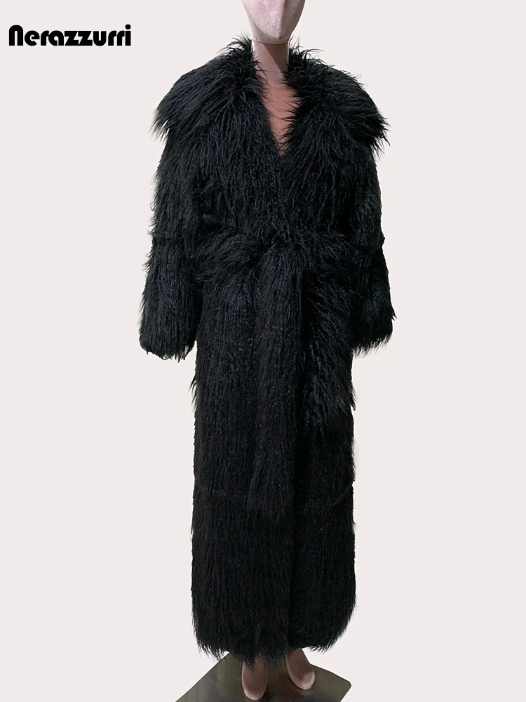 Nerazzurri Winter Extra Long Black Thick Warm Hairy Shaggy Fluffy Faux Mongolian Fur Coat Women Luxury Designer Furry Overcoat