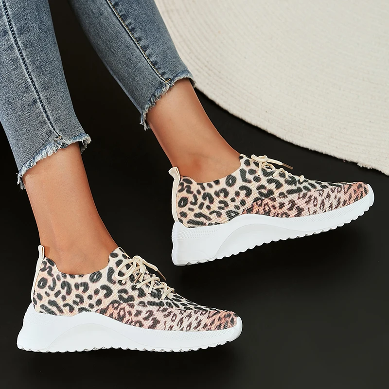 Leopard Print Breathable Sneakers Women 2023 Autumn Knitted Mesh Flat Heels Casual Shoes Woman Plus Size Soft Sole Walking Shoes