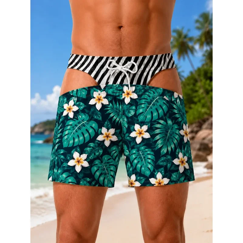 for Men Tropical Monstera Leaf Plumeria Print Swim Trunks Dark Green Hawaiian Floral Beach Shorts with Zebra Brief Faux