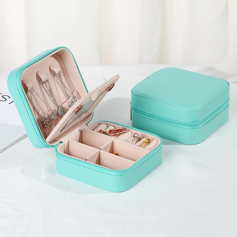 Travel Jewelry Case With Mirror Necklace Earrings Ring Organizer Display Boxes Pu Leather Zipper Jewelry Storage Box Portable