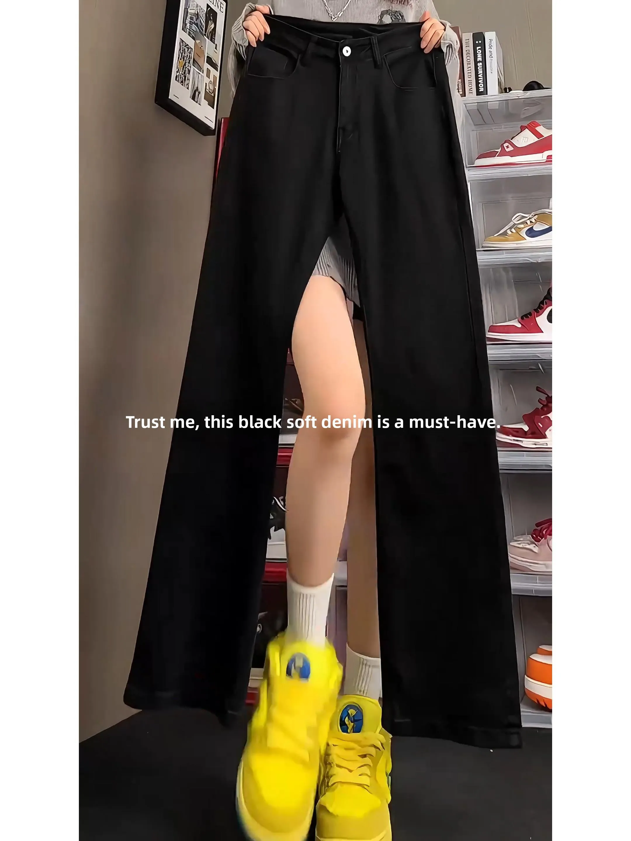 

American High Street Thiened Winter Men's Jeans Casual Wide Leg Pants mid Waist Long Trousers Cotton Polyester Blend