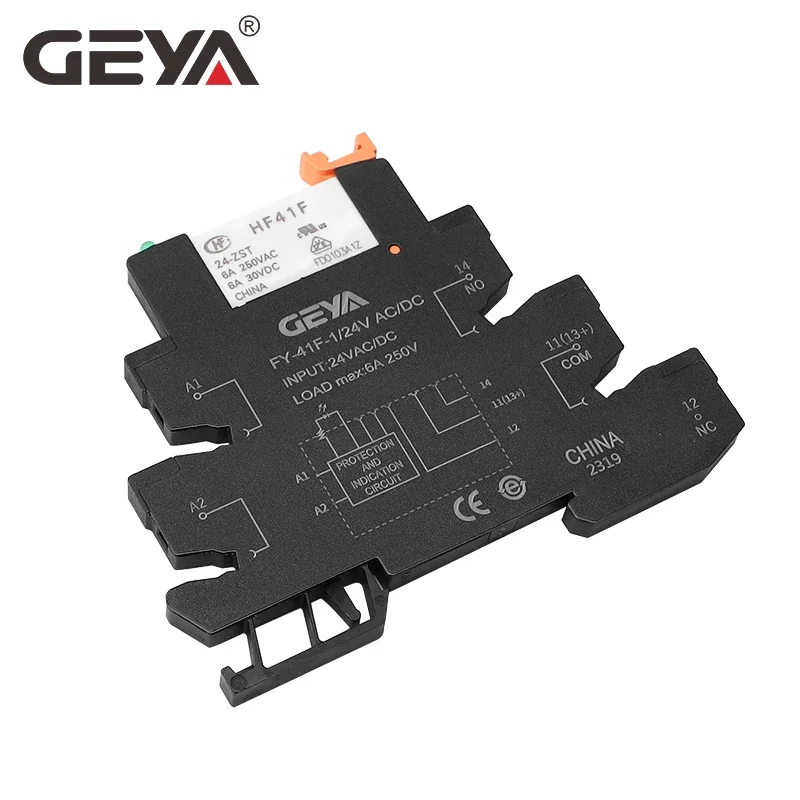 10PCS GEYA Din Rail Slim Relay Module HF-41F Integrated PCB Mount Power Relay With Relay Holder 12V 24V 48V 110V 230V 6.2mm