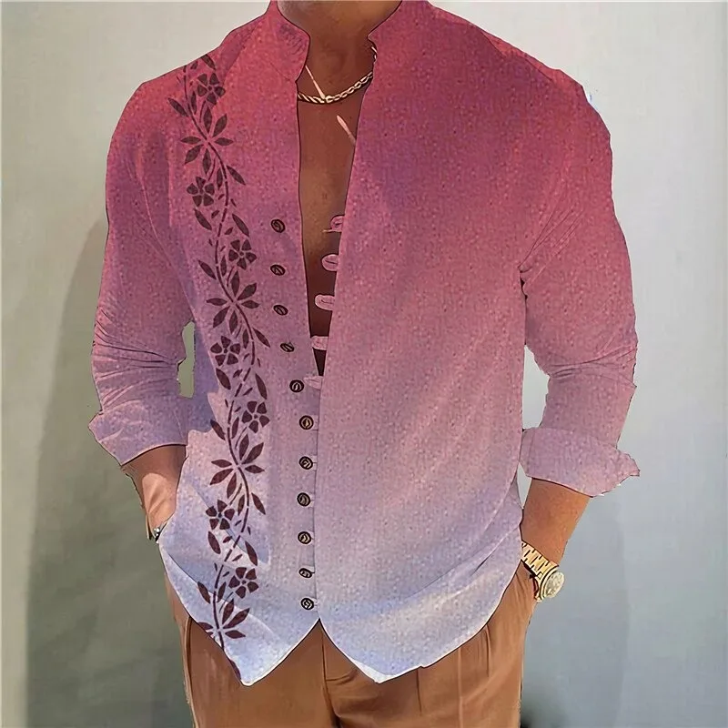 

New Colorful Feather Dragonfly Printed Men's Long Sleeved Shirt With Stand Up Collar And Pan Button Casual Shirt
