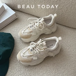 BEAUTODAY Casual Sneakers Women Genuine Leather Solid Color Patchwork Lace-up Breathable Fashion Ladies Shoes Handmade 29476