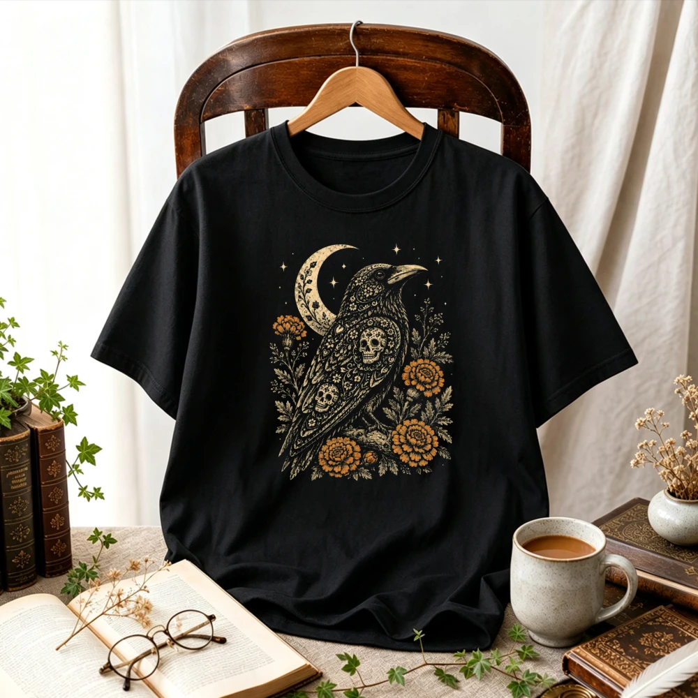 Vintage Crow Raven with Crescent Moon Marigold Floral Dia De Los Muertos Mystical Gothic Folk Art Retro Celestial Cotton T‑Shirt