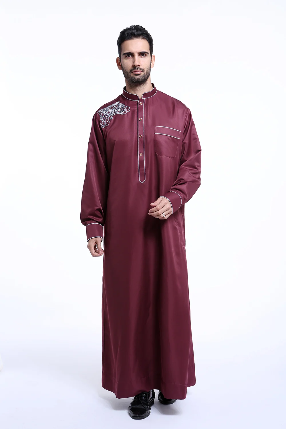 Moda musulmana Uomo Jubba Thobes Arabo Pakistan Dubai Caftano Abaya Vestaglie Abbigliamento islamico Arabia Saudita Abito camicetta lunga nera
