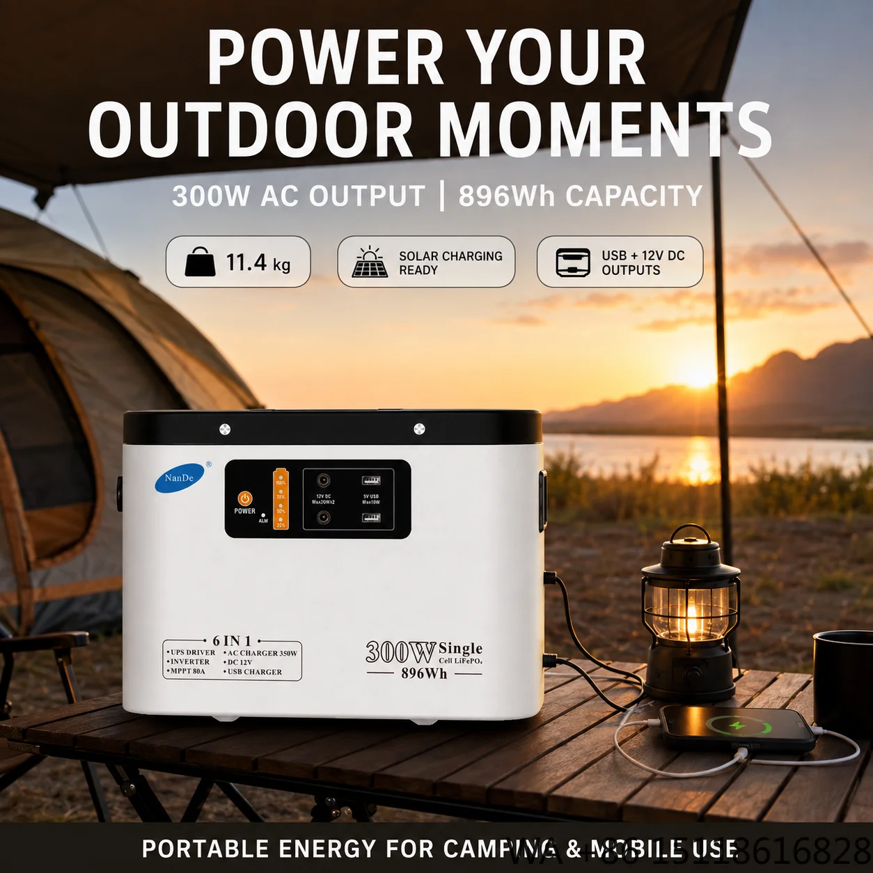 6 1 Portable LiFePO4 Hybrid Grid Power Station 300W AC Output 896Wh 80A MPPT Solar 200W PV Input 12-60V 350W AC UPS Backup IP66