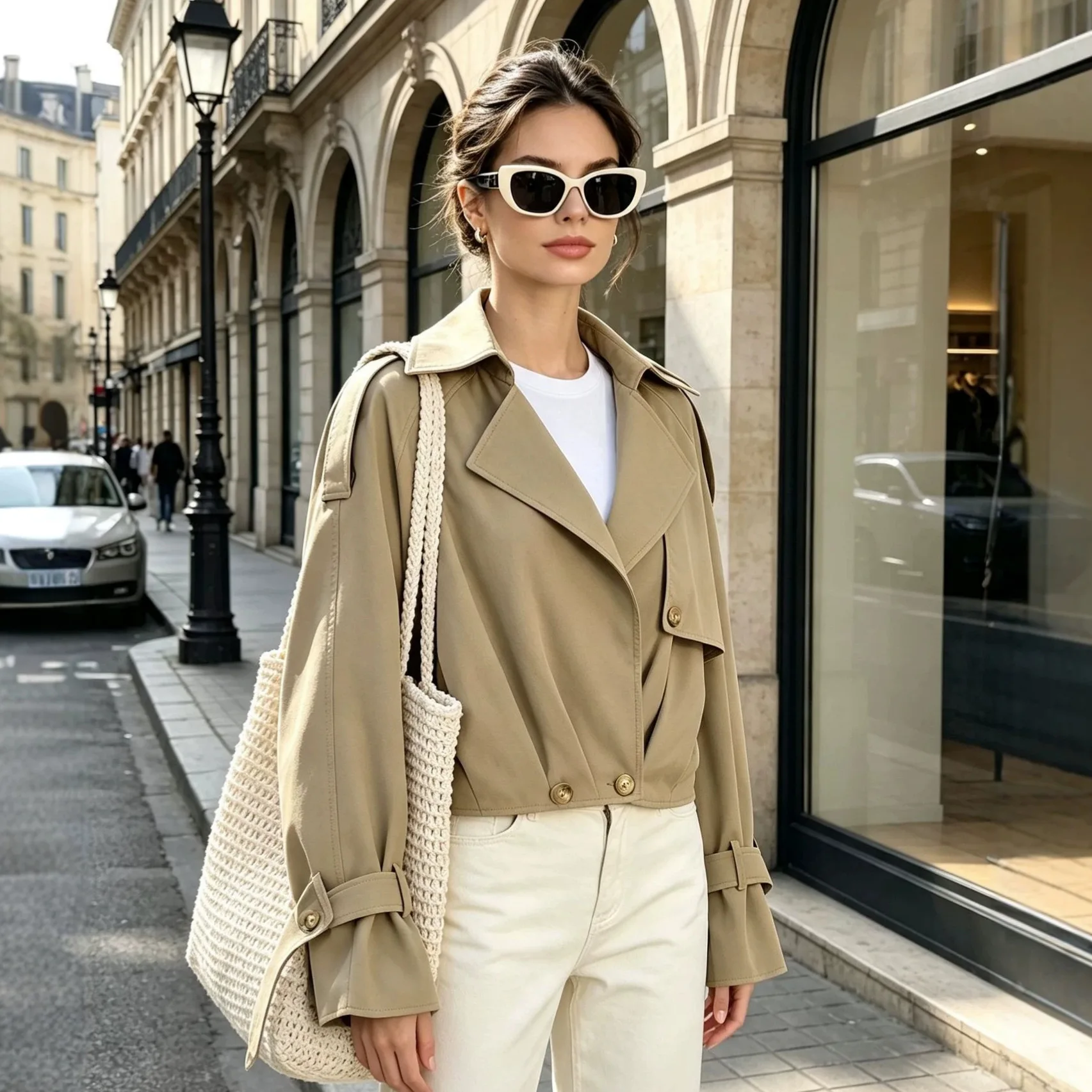 Elegant Beige Short Windbreaker Female French Style Gathered Waist Trench Jacket Cuff Straps Casual Office Lady Clothing Autumn
