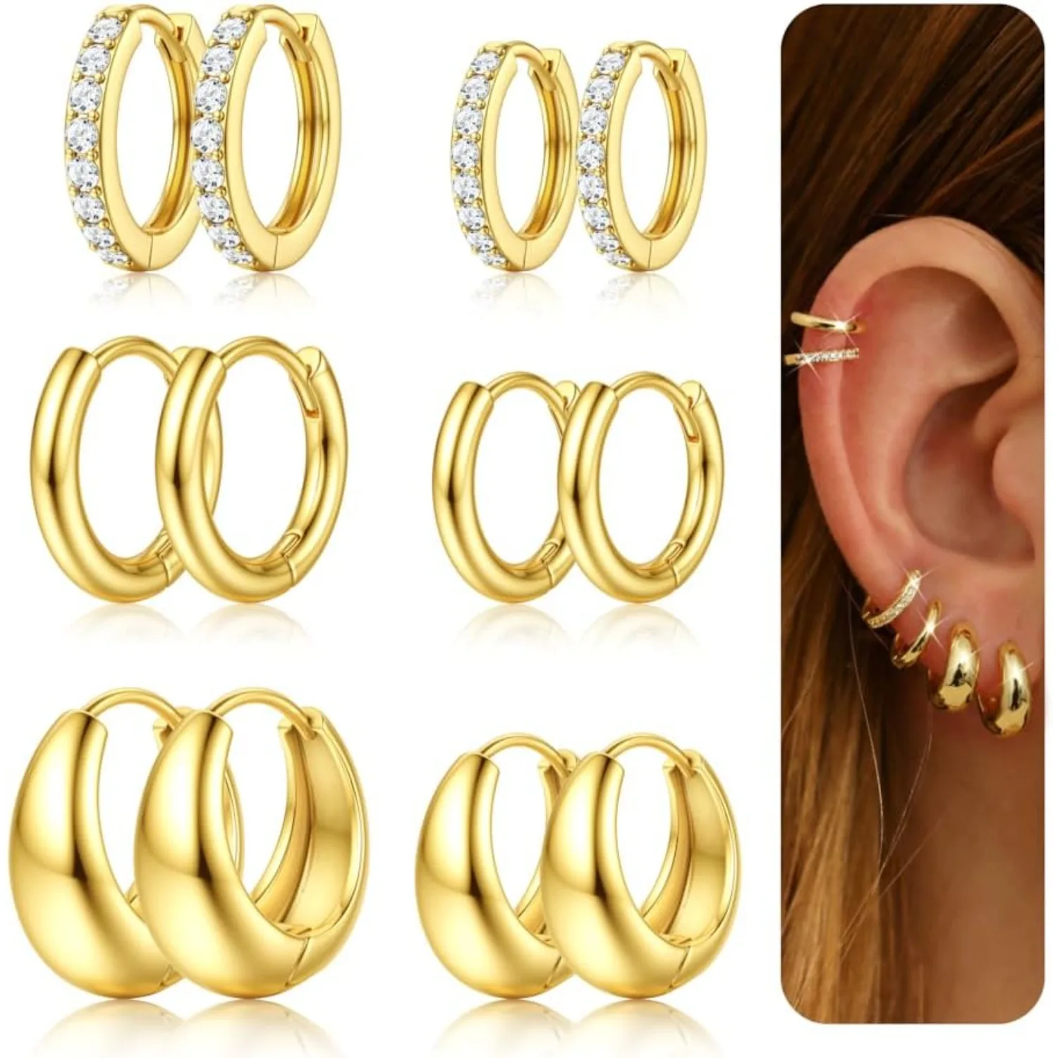 

Drperfect 6Pairs Non Tarnish Hoop Earrings 14K Gold Plated Hoop Earrings Set for Women Helix Cartilage Stack for Multi Piercing