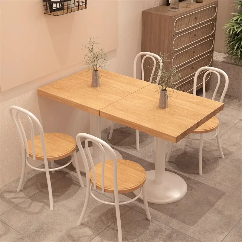 Restaurant hotel solid wood square table milk tea dessert shop rectangular dining table casual snack bar table and chair combina
