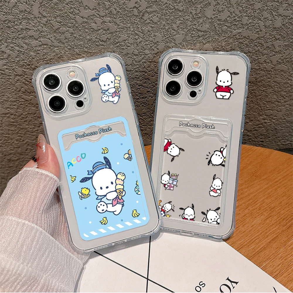 

Cute Anime Pochacco Card Hold Case For iPhone 16 15 14 13 12 11 Mini Pro Max X XR XSMax 6S 6 7 8 Plus SE20 Anti-fall Clear Cover