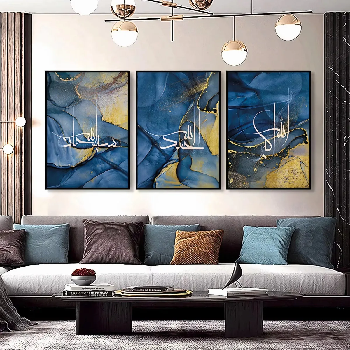 AZNM Marble Blue Islamic Calligraphy Print Set Muslim Home Canvas Art Poster Home Room Living Room Gallery Decor Eid Gift