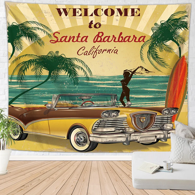 VIKAMA American Retro Convertible Tapestry, West Coast Retro Vacation Style Bedroom And Living Room Background Fabric
