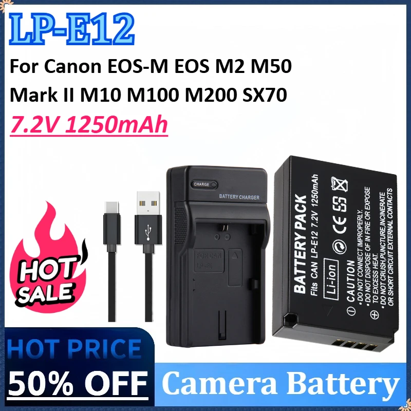 

LP-E12 LP E12 7.2V 1250mAh Camera Battery for Canon EOS-M EOS M2 M50 Mark II M10 M100 M200 SX70 HS Rebel SL1 with Type Charger