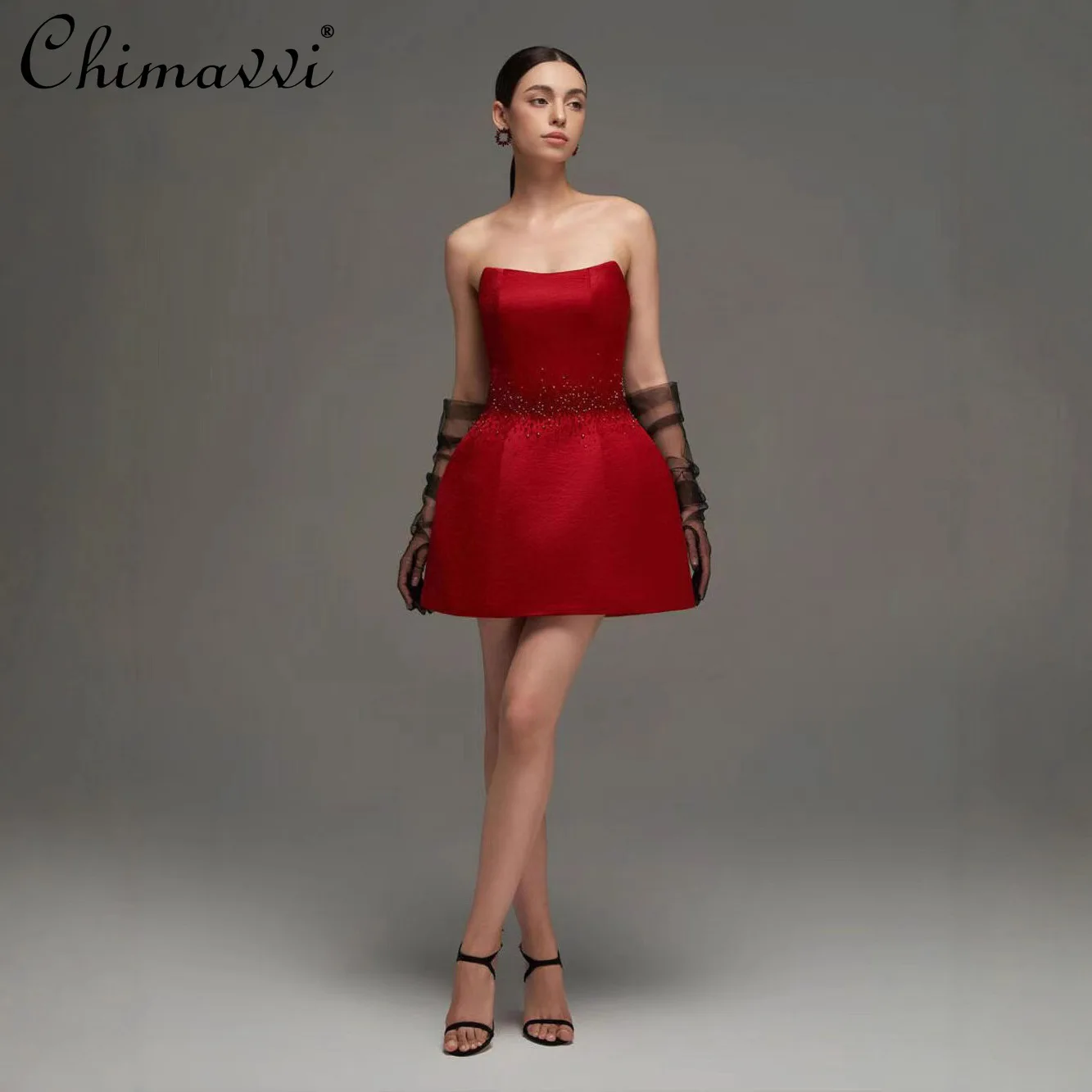 

French Elegant Sexy Heavy Industry Beaded Strapless Red Dress High Waist Slim A-line Temperament Evening Short Dress for Women