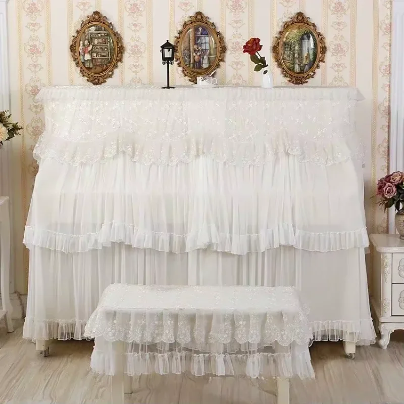 

Lace Embroidered Piano Protective Cover White Gauze Double Curtain Piano Dust Cover Ruffle Edge Piano Bench Case