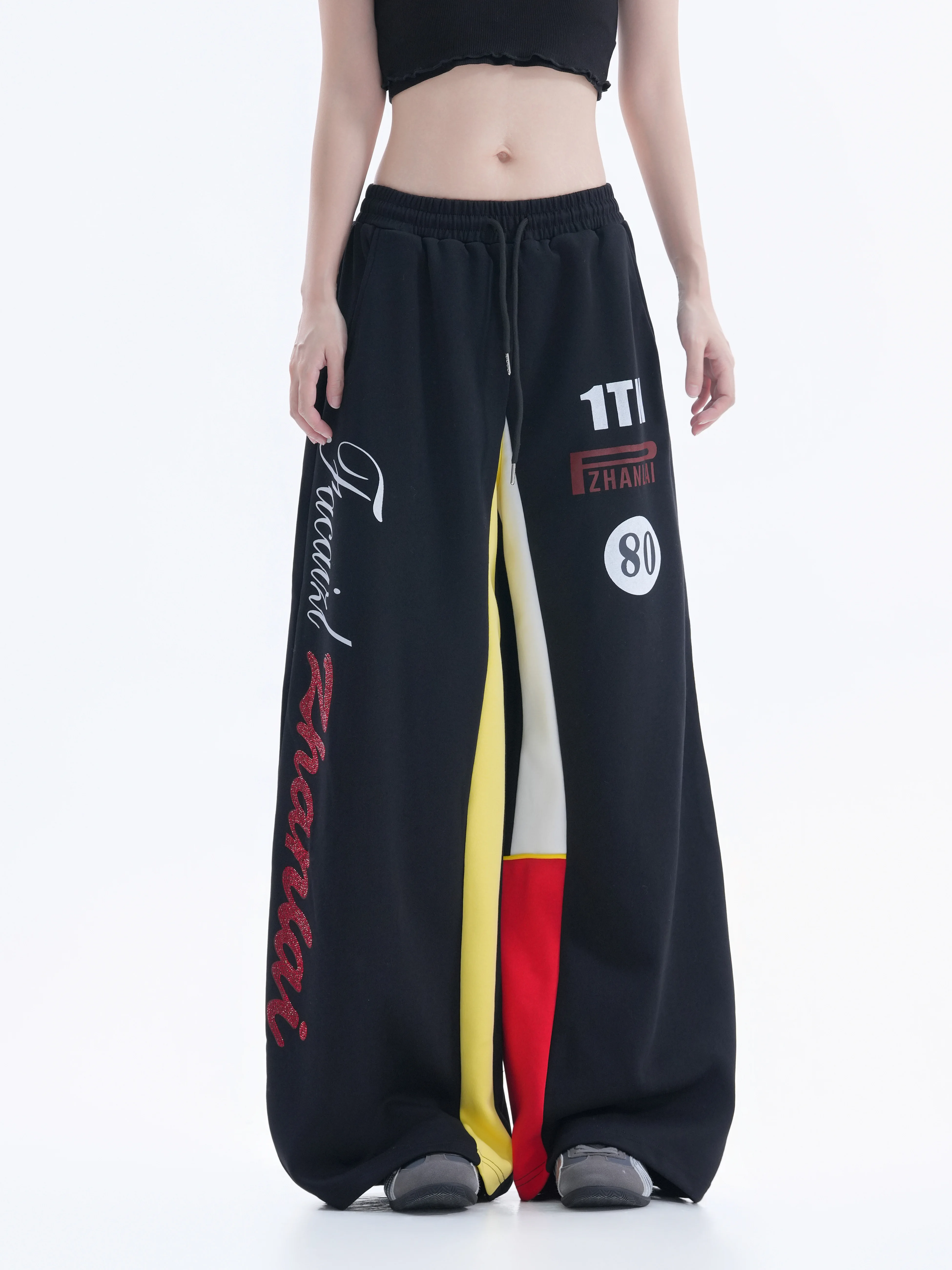 American Street Design Color Block Racing Pants Women's Sporty Wide Leg Pants Casual Straight Leg Trousers with Pockets