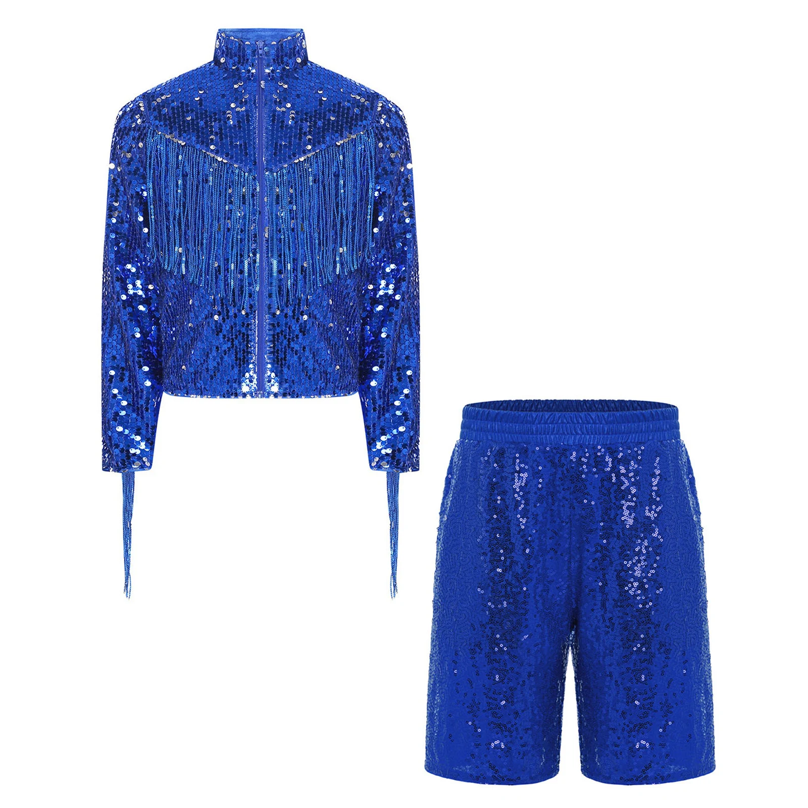 Kids Boys Sequin Jazz Tango Latin Dance Outfit for Disco Tap Performance Glittery Long Sleeve Zipper Tassel Jacket And Shorts