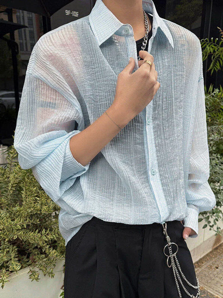 Summer Men's Thin Pleated Shirt French Casual Fashion Trend Solid Color Simple Breathable Perspective Male Sunscreen Shirts