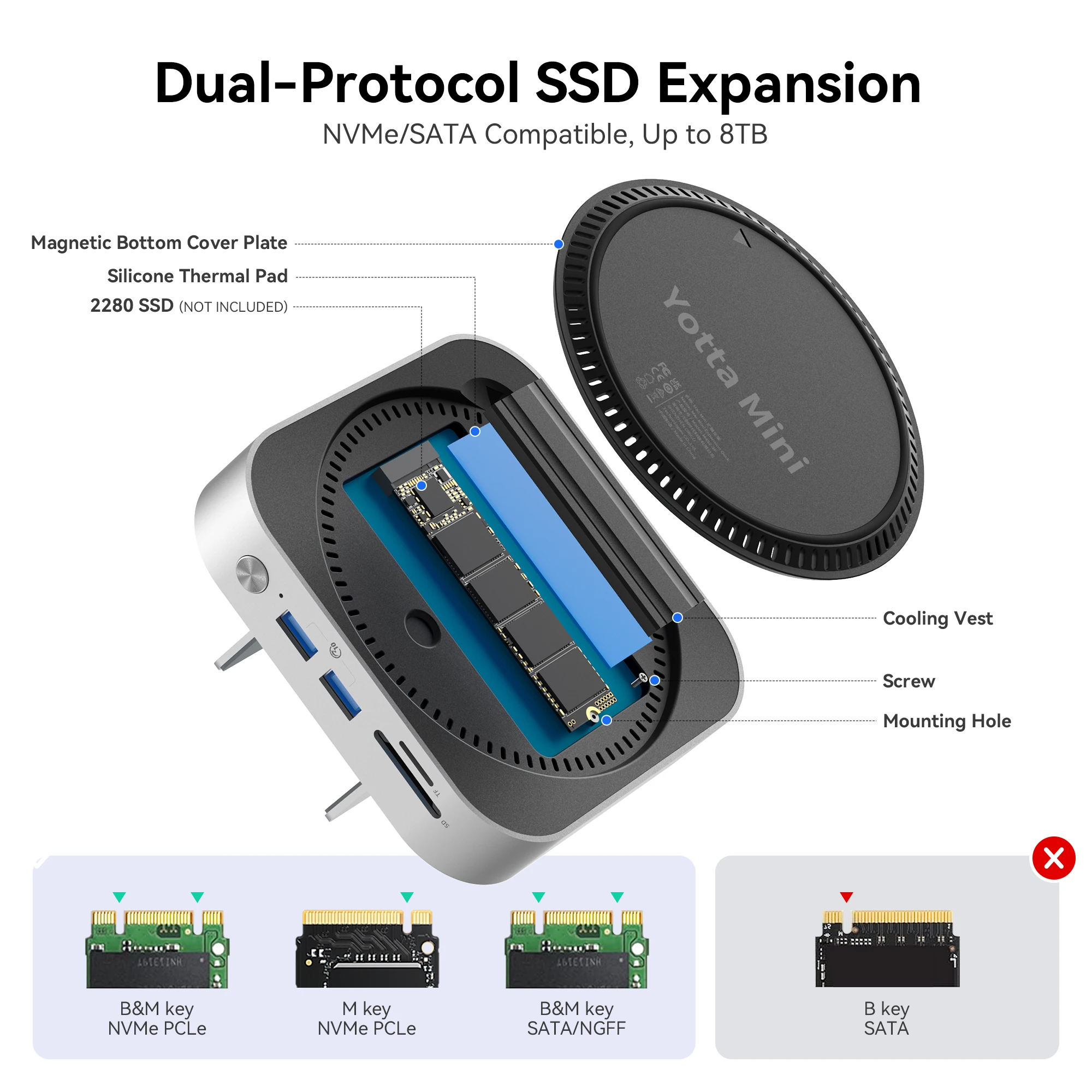 Yottamaster Vertical 9-IN-1 Mac Mini M4 Hub NVMe NGFF 2280 SSD EnclosureUSB A 3.2 Audio Mic SD/TF 3.0 USB-C Hub for Mac Mini M4