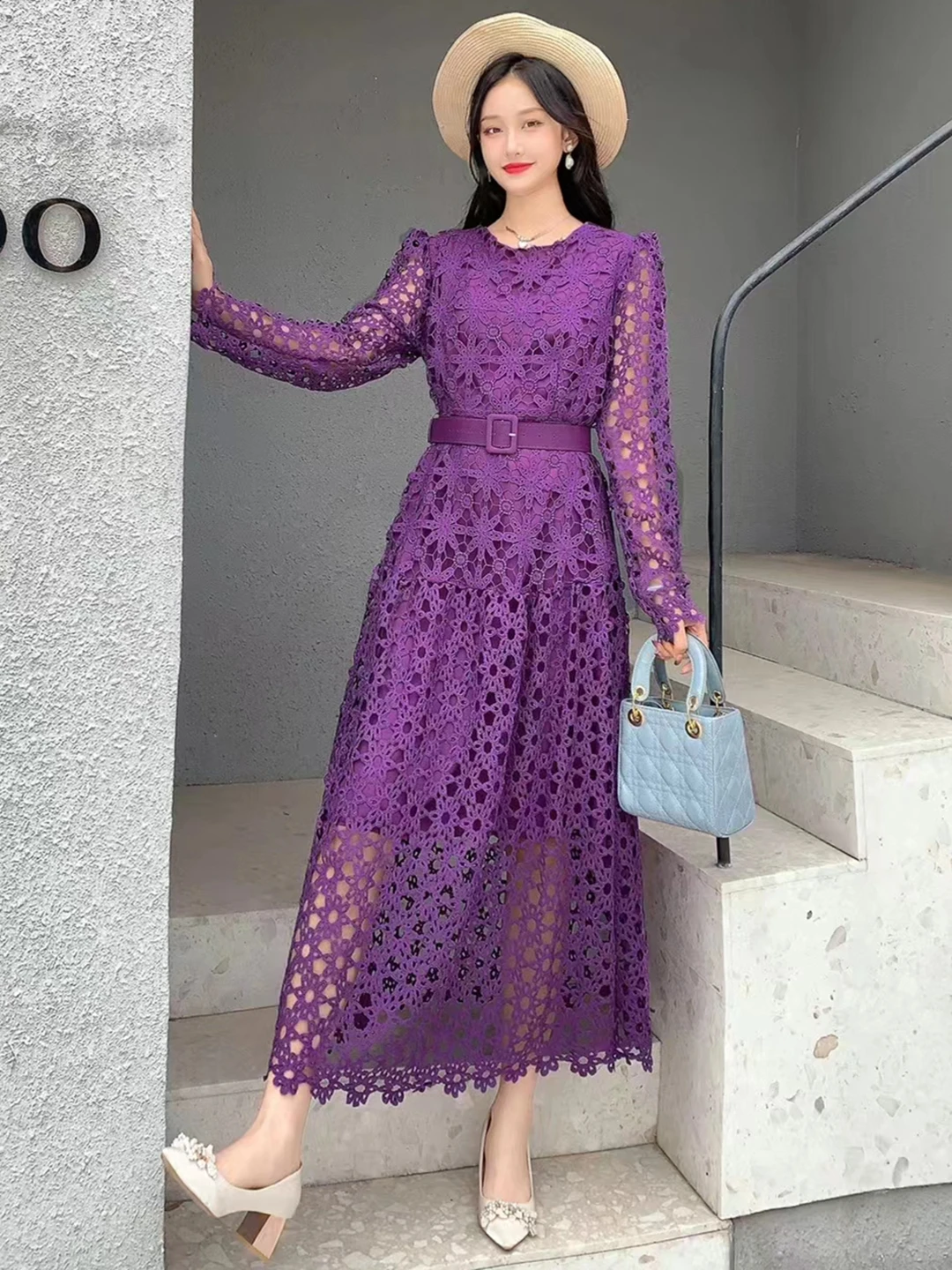 2024 New Spring Autumn Women Long Sleeve Belt Slim Long Dress High Quality Fashion Hook Flower Hollow Chemical Lace Runway Dress