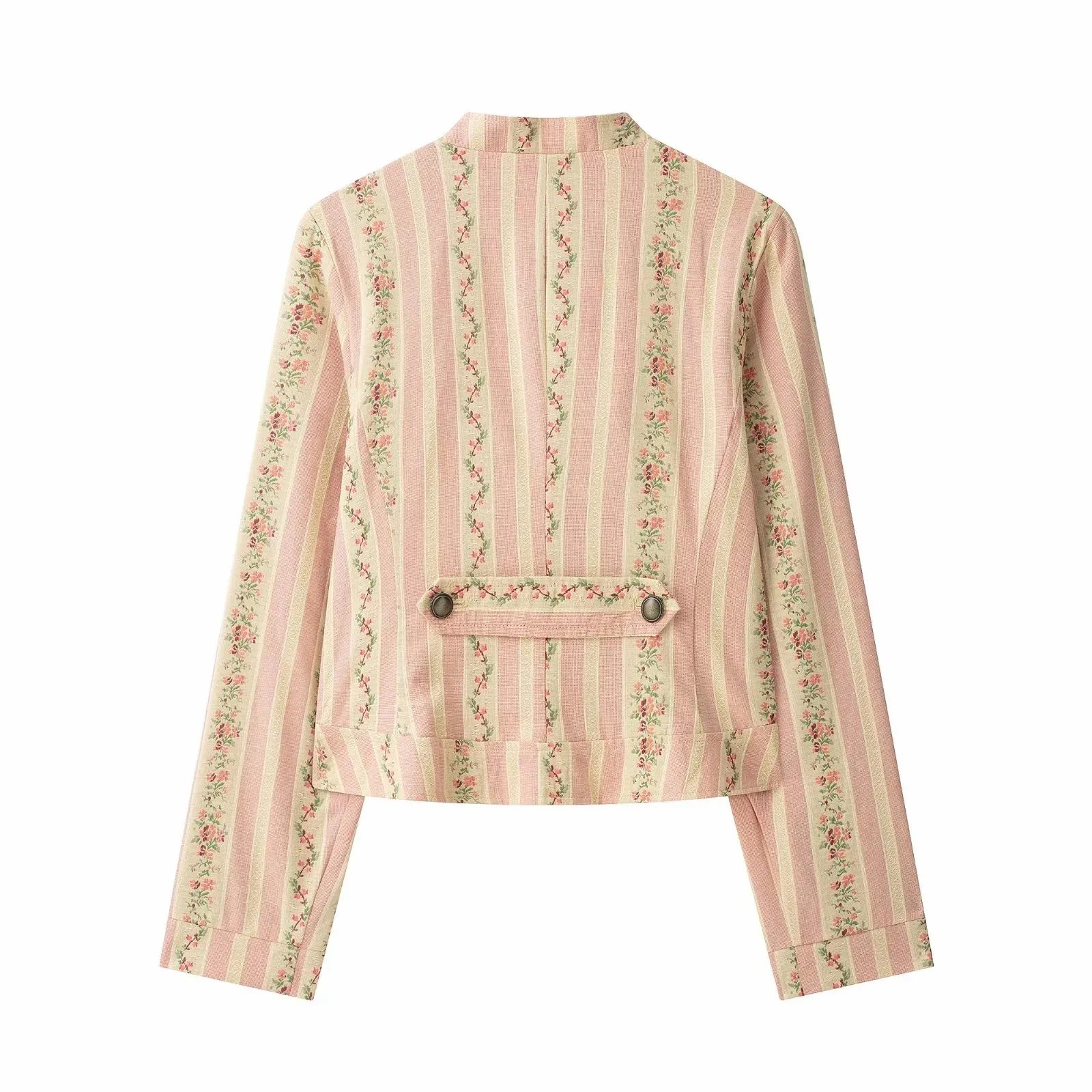 Elegante Damenjacke mit Blumenmuster und Streifen, Jacquard, Herbstmode 2026, Diagonalknöpfe, Stehkragen, lange Ärmel, kurzer Damenmantel – Detail 3