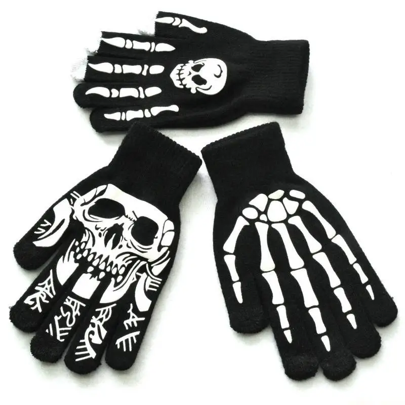 31BF Creative Knitted Skull Gloves Hand Warmer Luminous Gloves for Halloween Supp