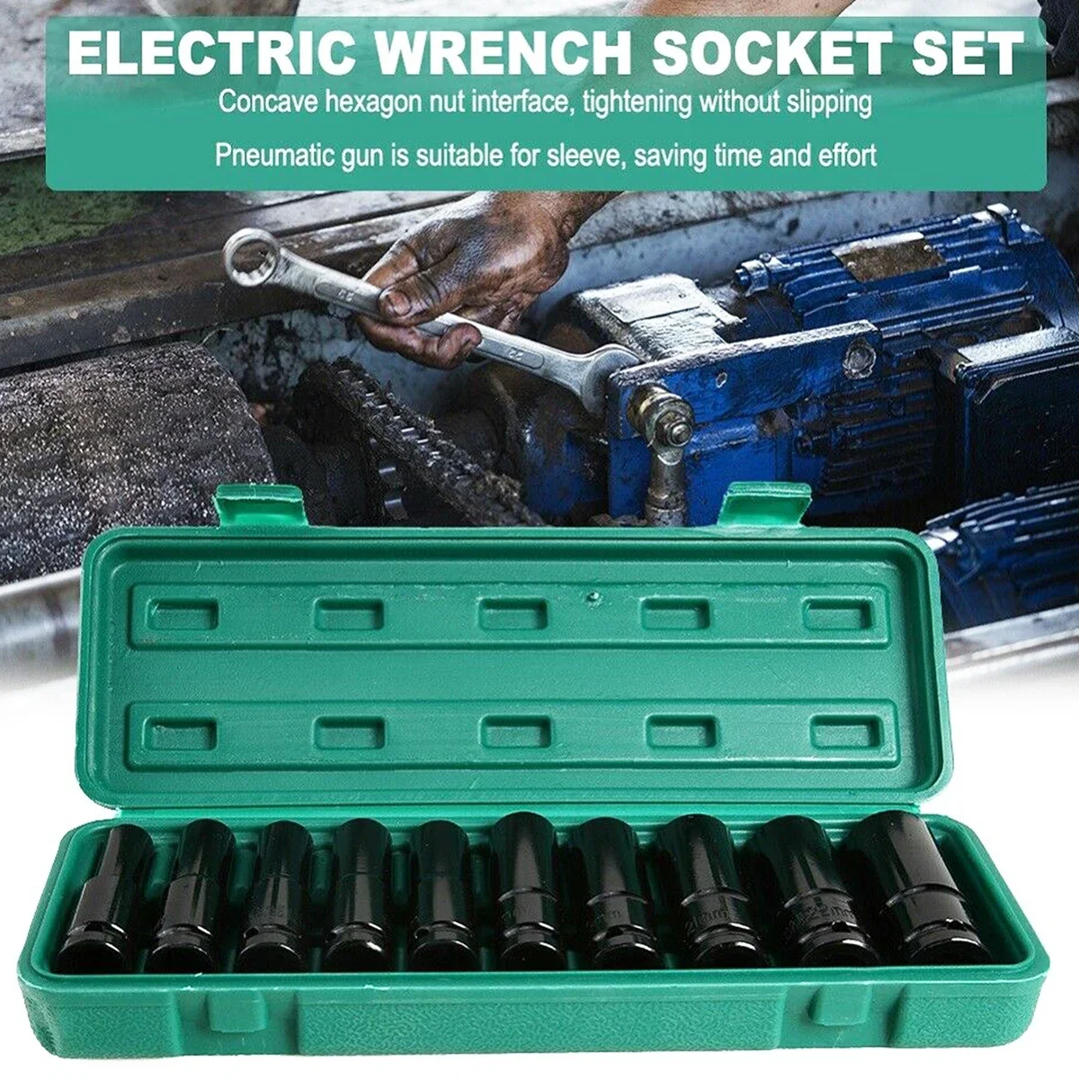 

Набор ударных головок с приводом 1/2 дюйма, 10 шт., метрические, 6 точек, размеры 8-24 мм, углеродистая сталь с жестким ящиком для хранения для ударных гаечных ключей