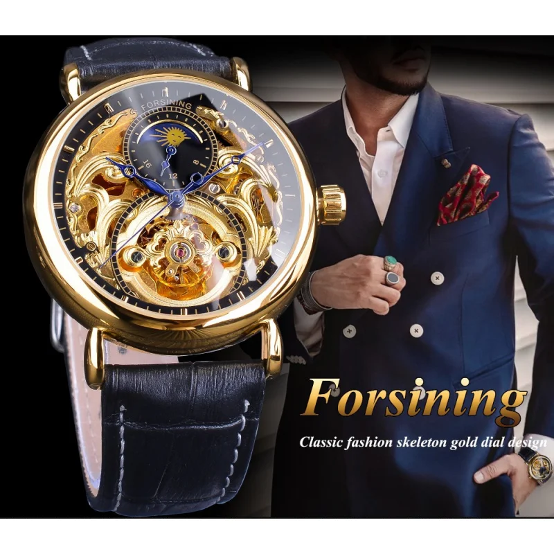 Free Shipping OUTLETSNew forsining European and American Men\'s Fashion Casual Moon Phase Carved Hollow Automatic Mechanic