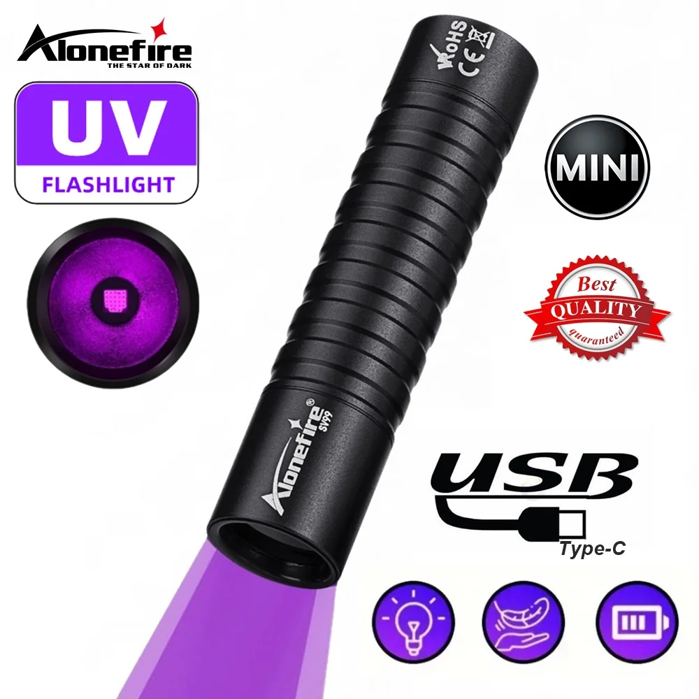 Alonefire 365/395nm Mini UV Flashlight Rechargeable Blacklight Torch Cat Tinea Stain Marker Money Fluorescence Detection Lamps