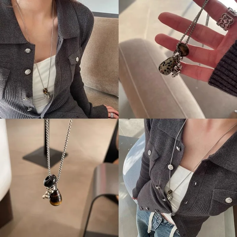 Fashion Spotted Tiger Eye Stone Irregular Pendant Necklace for Women Long Chain Girls Charm Aesthetic Jewelry Accessories