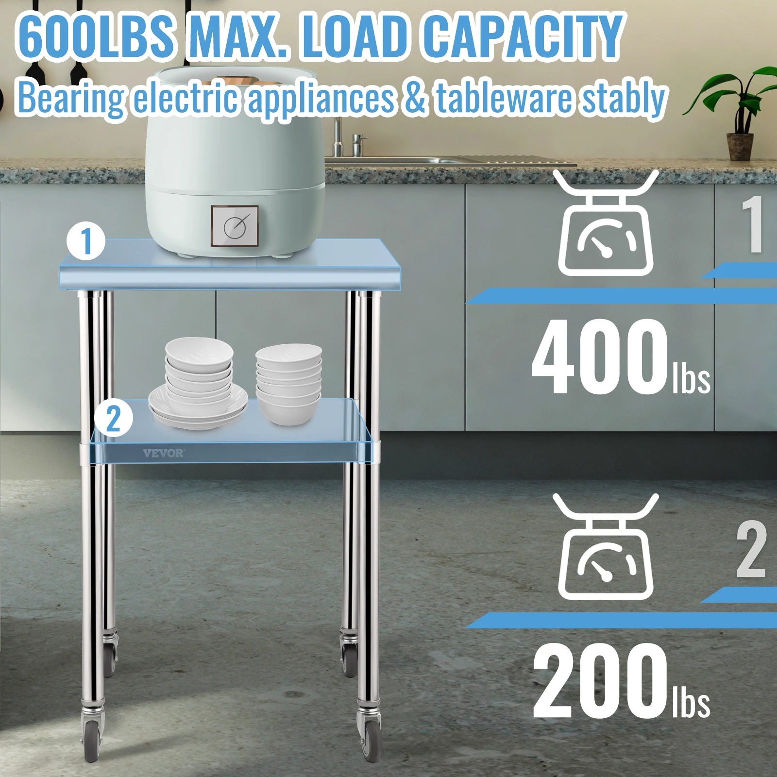 VEVOR-mesa de trabajo de acero inoxidable de 2 capas, estación de trabajo comercial con ruedas universales ajustables, 600/800 libras