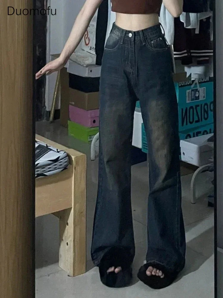 Duomofu Retro Blue Washed Distressed Loose Female Flare Jeans Summer New Vintage Basic High Waist Full Length Casual Women Jeans